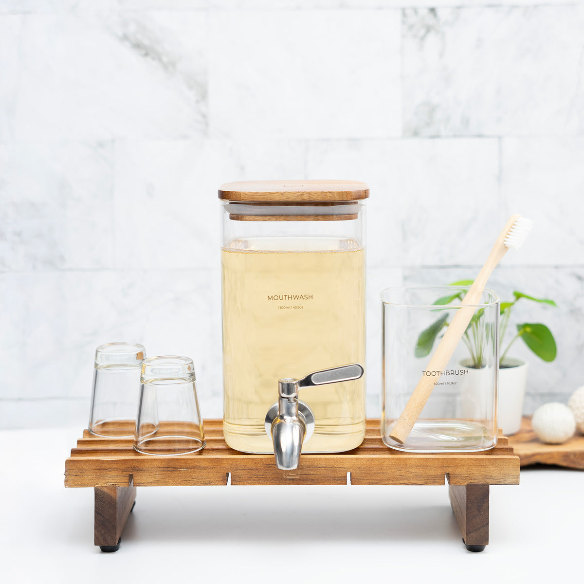 Mouthwash Dispenser Set with Acacia Wood Tray