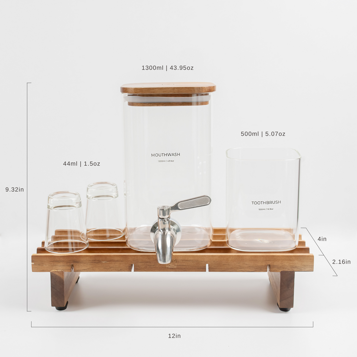 Mouthwash Dispenser Set with Acacia Wood Tray