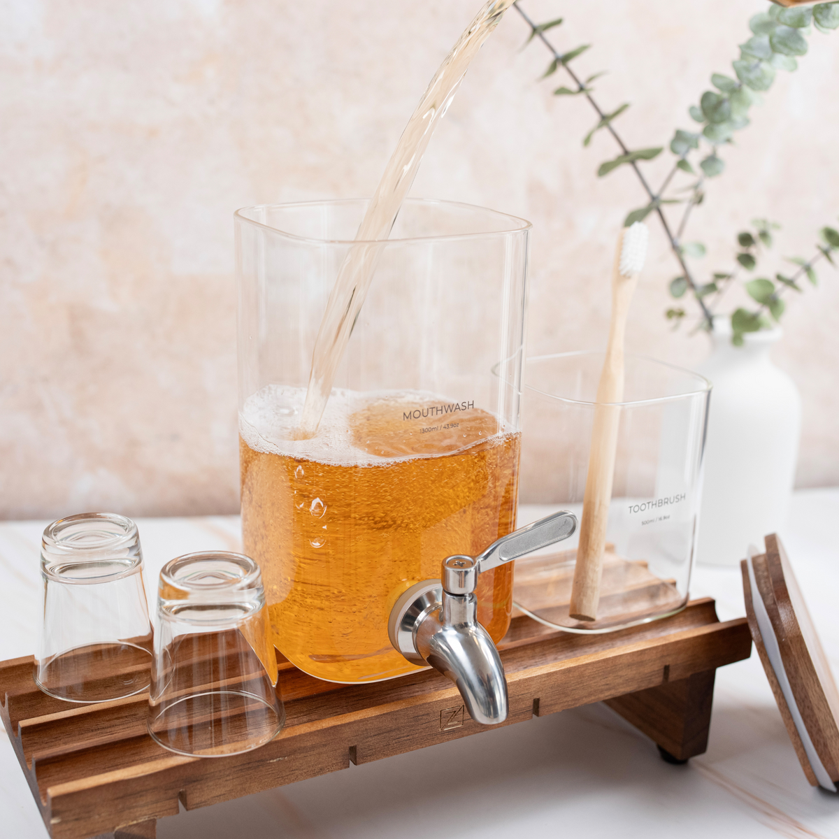 Mouthwash Dispenser Set with Acacia Wood Tray